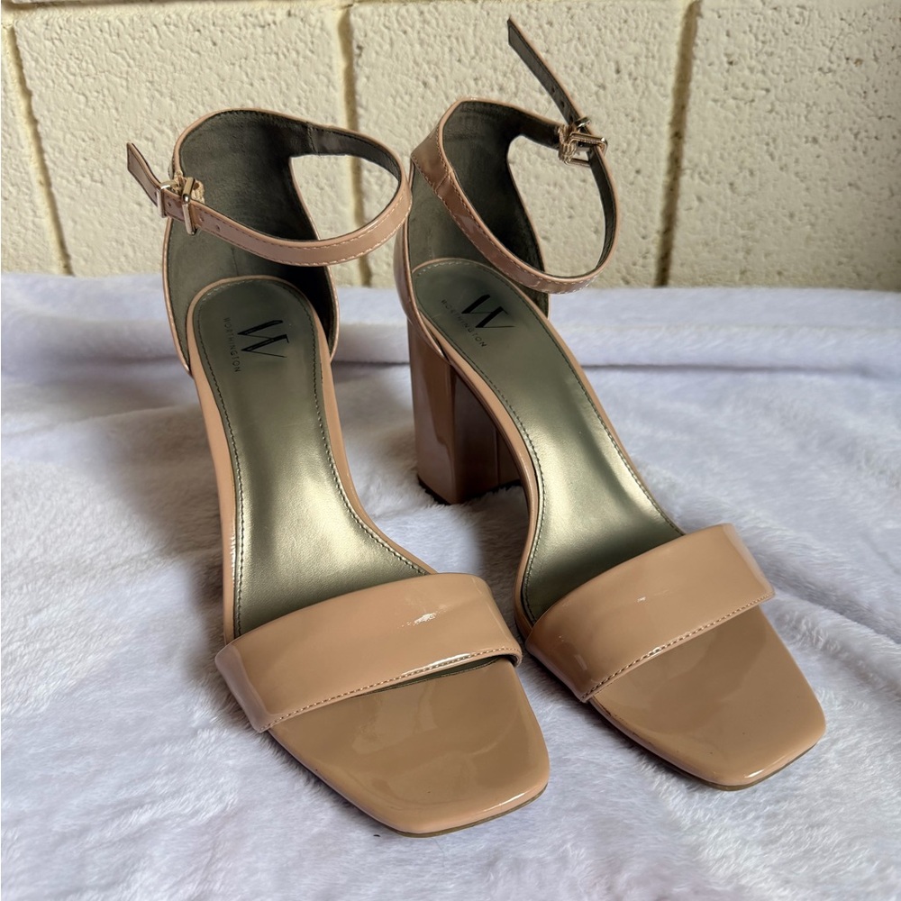 Worthington Nude Patent Ankle Strap Block Heel Sandals Square Toe Women’s 10
